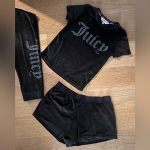 Juicy Couture Black Velour pants shorts tee shirt set Small